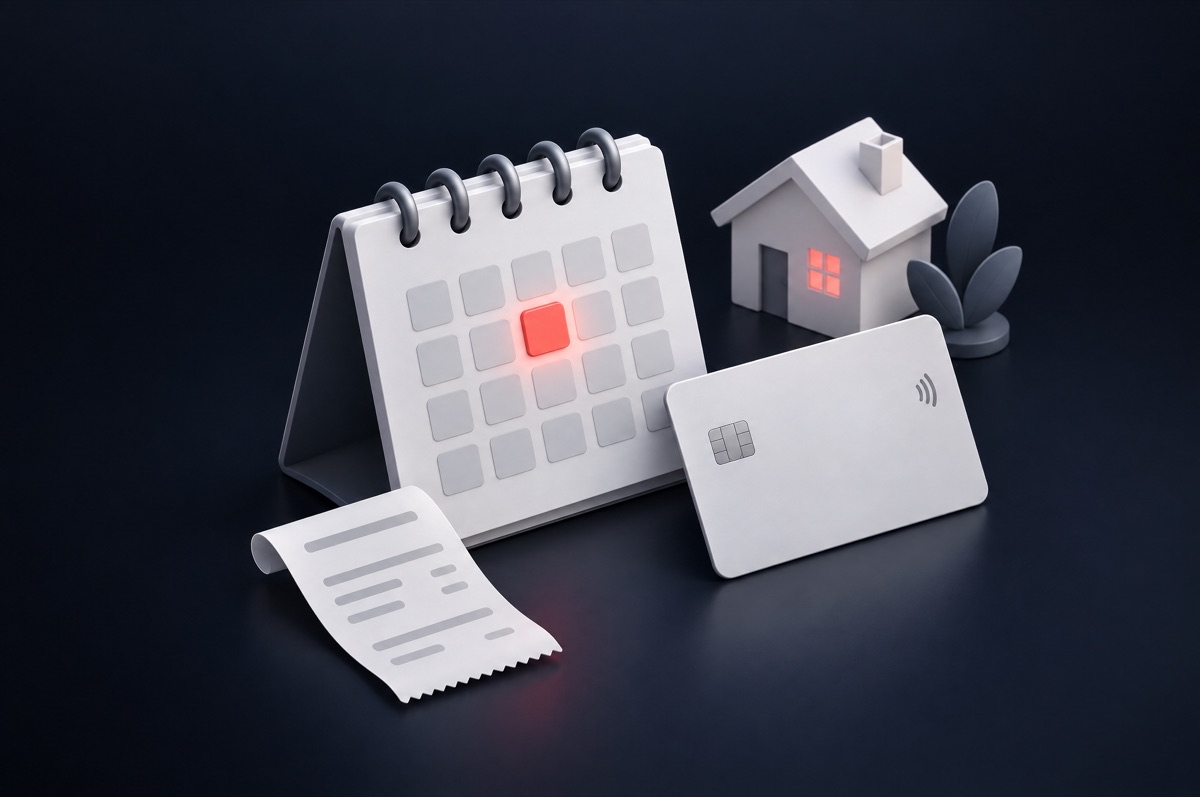 Calendar with a highlighted day, a payment card and a receipt