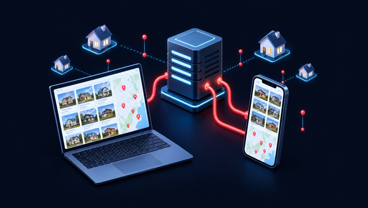 Illustration of a server sending MLS listings to a laptop and a phone